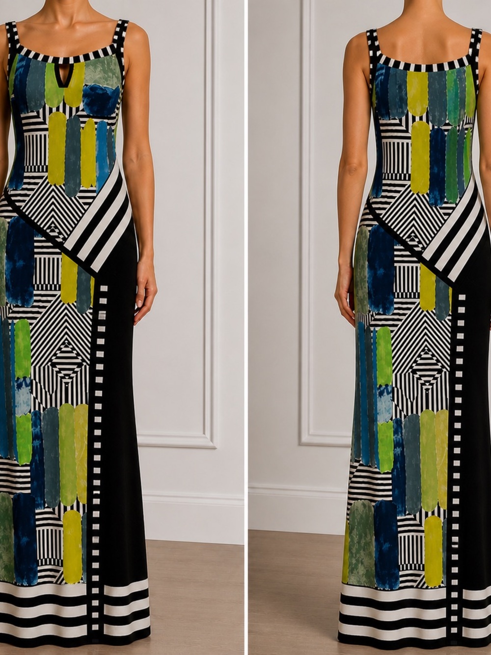 Women’s Sleeveless Patchwork Maxi Dress Abstract Print